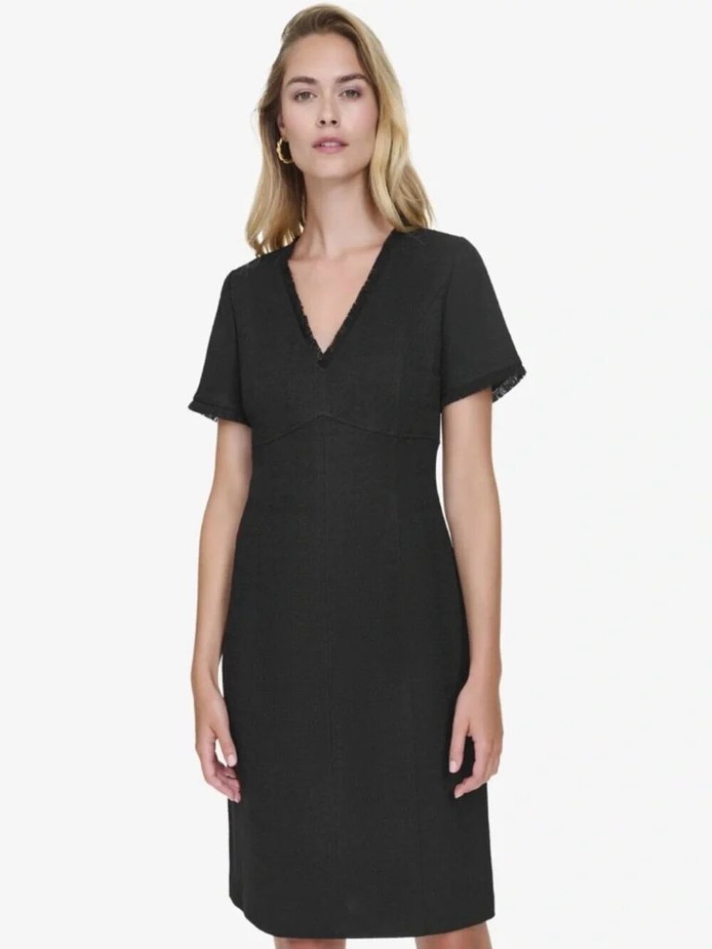 NWT Andrew Marc Women's Textured Black Short Sleeve V-Neck Sheath Dress, Size 16